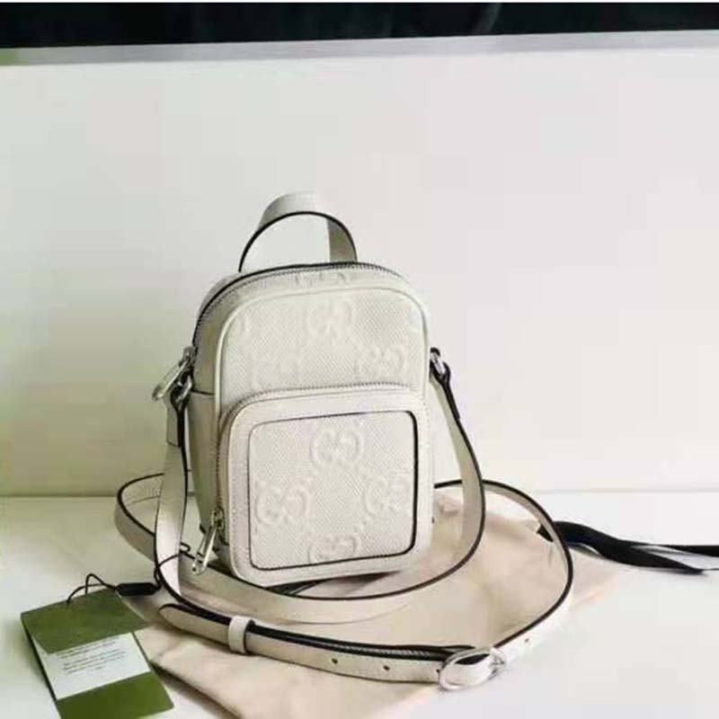 Gucci GG Unisex Embossed Mini Bag White Leather Cotton Linen
