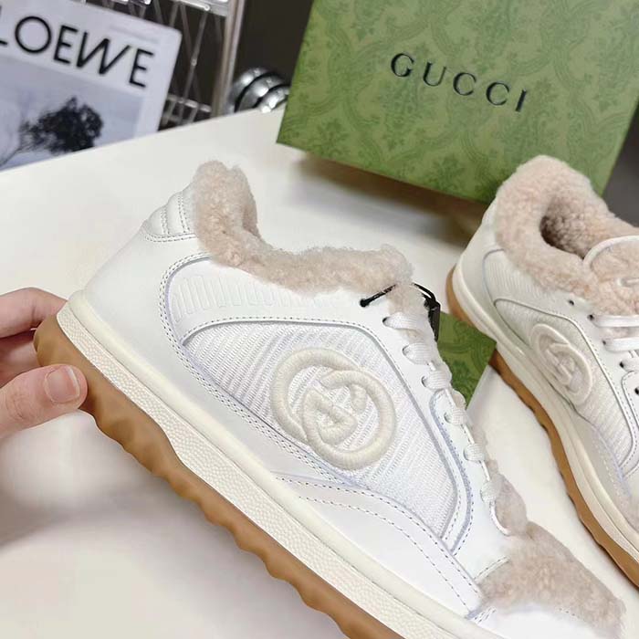 Gucci GG Unisex MAC80 Sneaker Off White Leather Merino Wool Round Toe Rubber Flat
