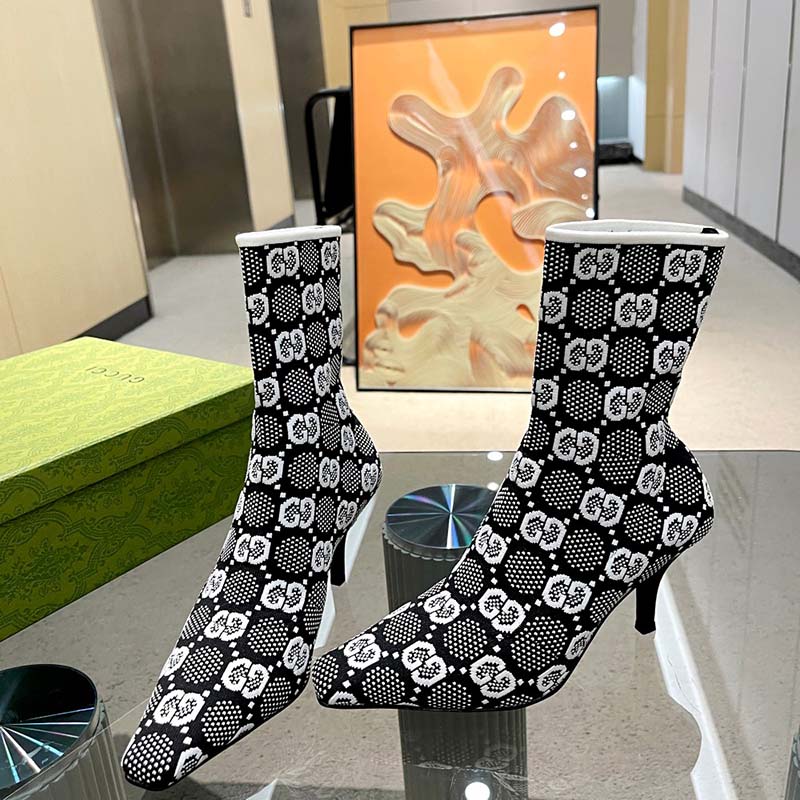 Gucci Women GG Knit Ankle Boots Black White GG Technical Fabric Leather Mid-Heel