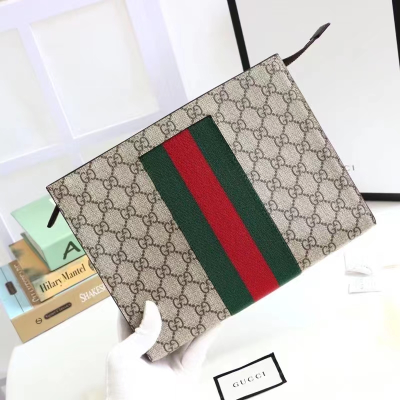 Gucci Unisex GG Supreme Web Pouch GG Supreme Canvas Green Red Web