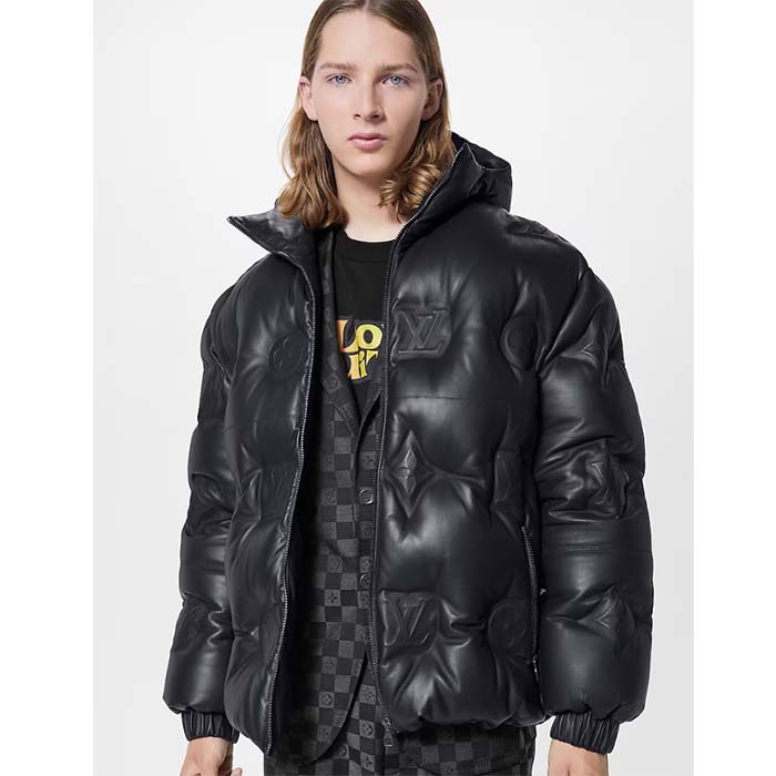 Louis Vuitton Men LV Monogram Leather Hooded Down Jacket Black Lamb Leather Anthracite Regular Fit