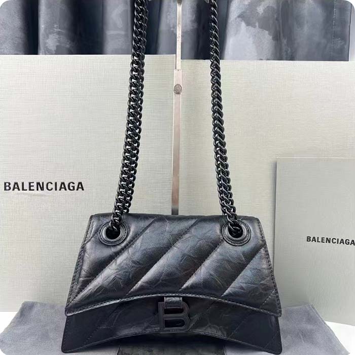 Balenciaga Women Crush Small Chain Bag Quilted Black Crushed Calfskin Black Matte Hardware