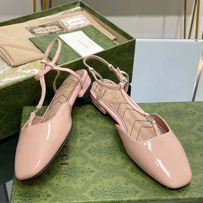 Gucci Women GG Double G Ballet Flat Light Pink Patent Leather Square Toe