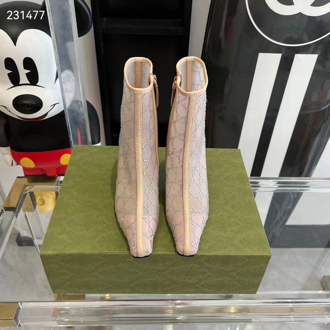 Gucci Women GG Mid-Heel Boot Rose Beige GG Crystal Mesh Leather Sole Pointed Toe