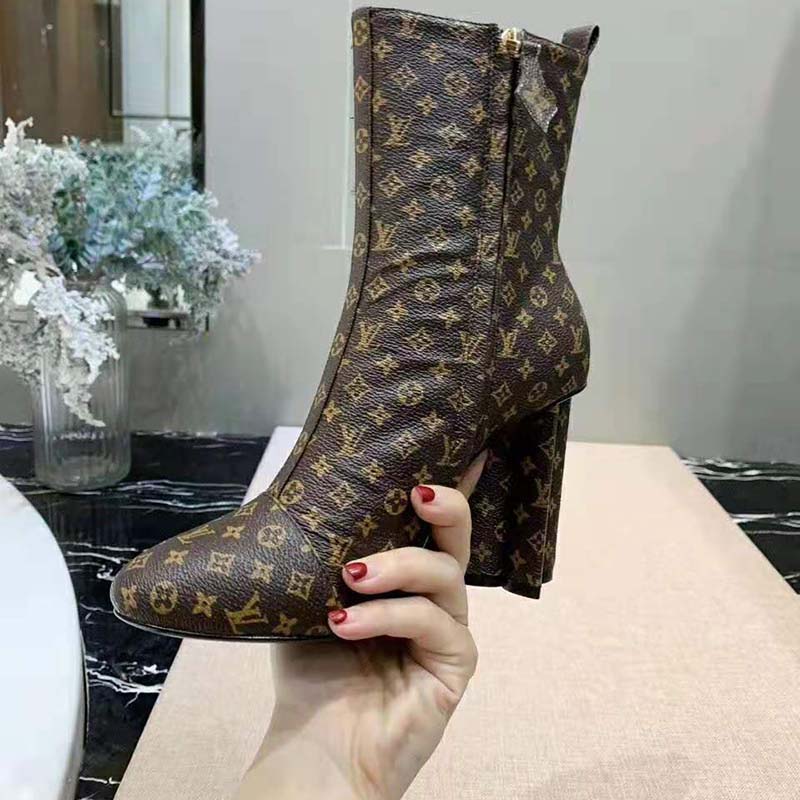 Louis Vuitton LV Women LV Silhouette Ankle Boot in Patent Monogram Canvas-Brown