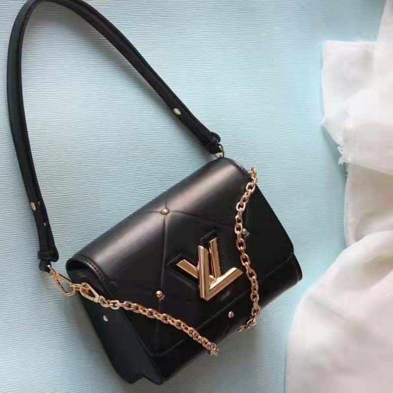 Louis Vuitton LV Women Twist MM Handbag Black Lambskin Calfskin Leather