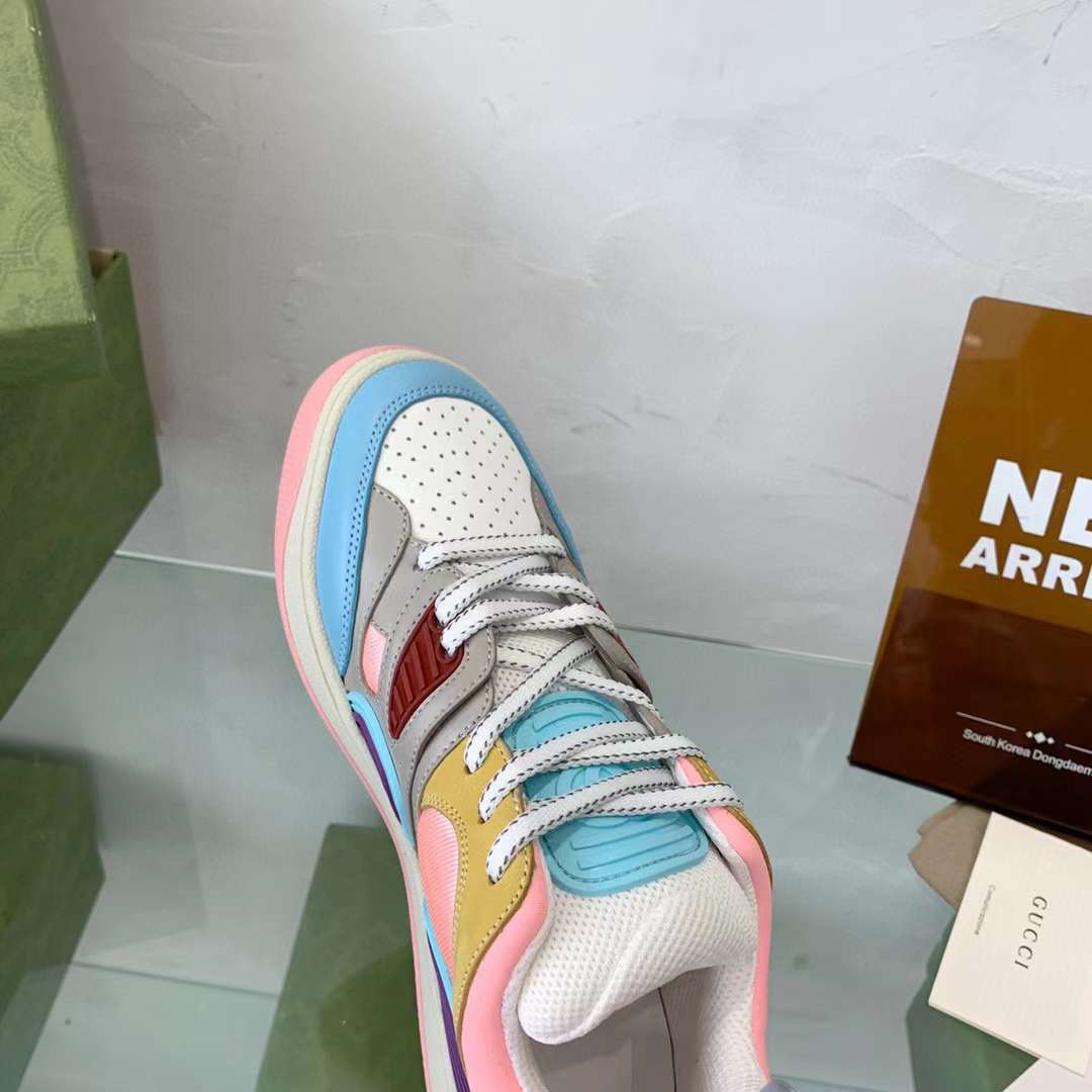 Gucci Unisex Basket Sneaker Blue Demetra White Mesh Rubber Interlocking G Low Heel