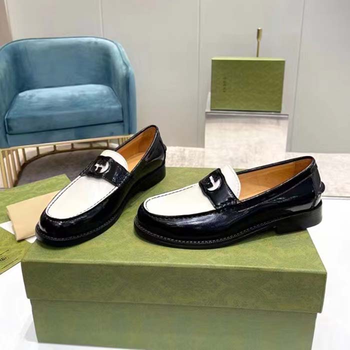 Gucci Unisex GG Interlocking G Loafer Black White Leather Sole Flat 1.5 CM Heel