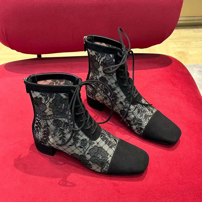 Dior Women CD Naughtily-D Ankle Boot Black Transparent Mesh Suede Embroidered Roses
