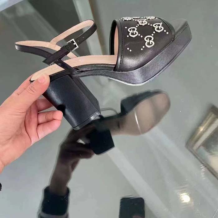 Gucci Women GG Interlocking G Studs Sandal Black Leather Mid 8 Cm Heel