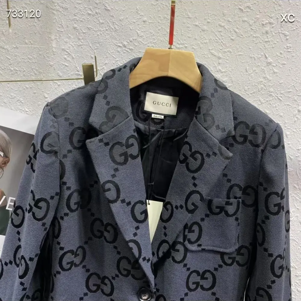 Gucci Men Gucci Embroidered Denim Blazer-Grey