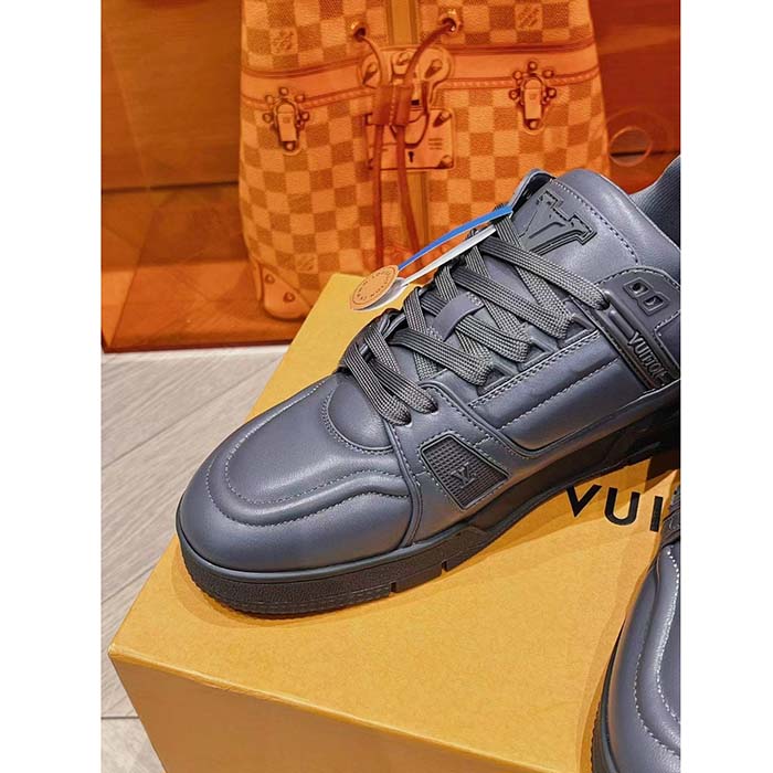Louis Vuitton Unisex LV Trainer Sneaker Grey Calf Leather Rubber Outsole Monogram Flower