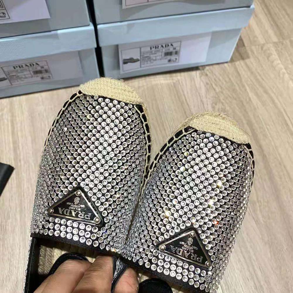 Prada Women Satin Espadrilles with Crystals-Black