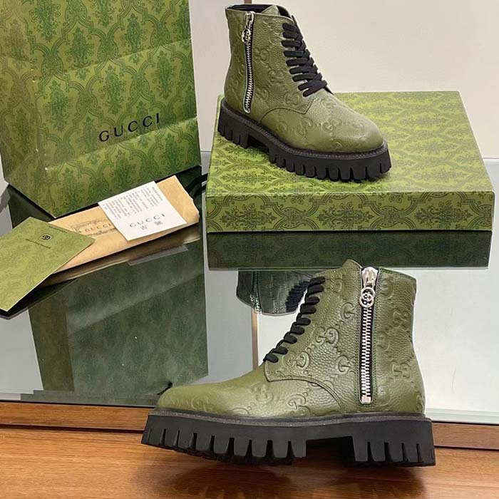 Gucci Unisex GG Leather Boot Dark Green Rubber Lug Sole Lace-Up Interlocking G Low-Heel