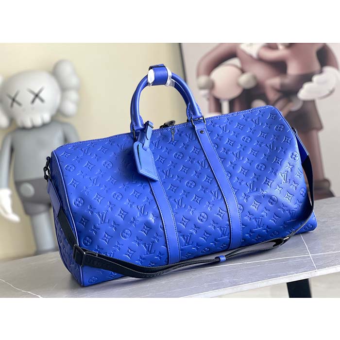 Louis Vuitton LV Unisex Keepall Bandoulière 50 Racing Blue Embossed Taurillon Monogram Cowhide Leather