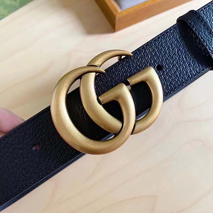 Gucci Unisex GG Wide Leather Belt Double G Buckle 3.8 CM Width Black Metal-Free Tanned