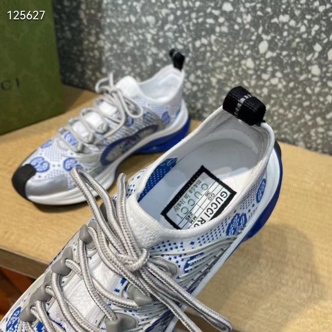 Gucci Unisex Run Sneaker White Blue GG Technical Knit Fabric Interlocking G Rubber