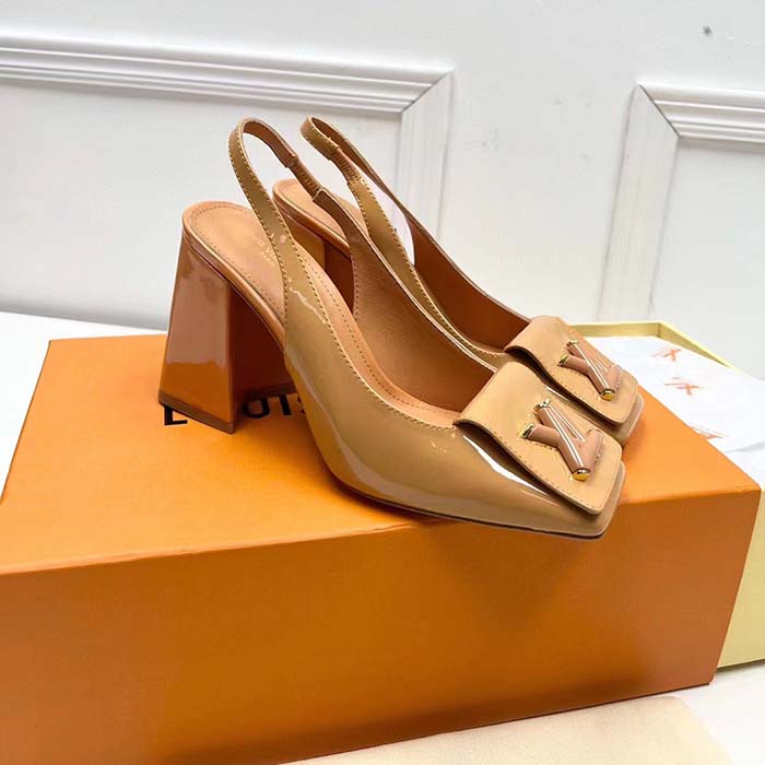 Louis Vuitton LV Women Shake Slingback Pump Brown Patent Calf Leather Lambskin 5.5 Cm Heel