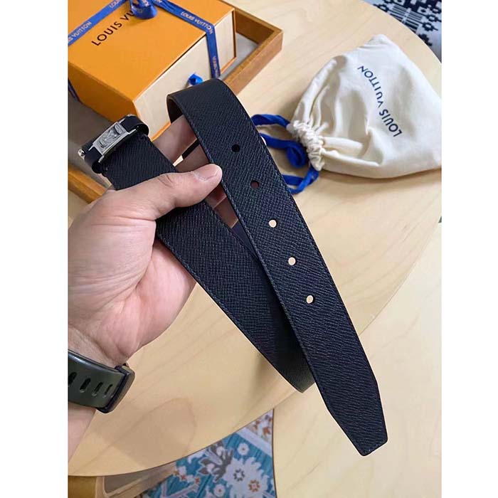 Louis Vuitton Unisex Pont Neuf 35 MM Width Black Taiga Calf Leather Brass Buckle