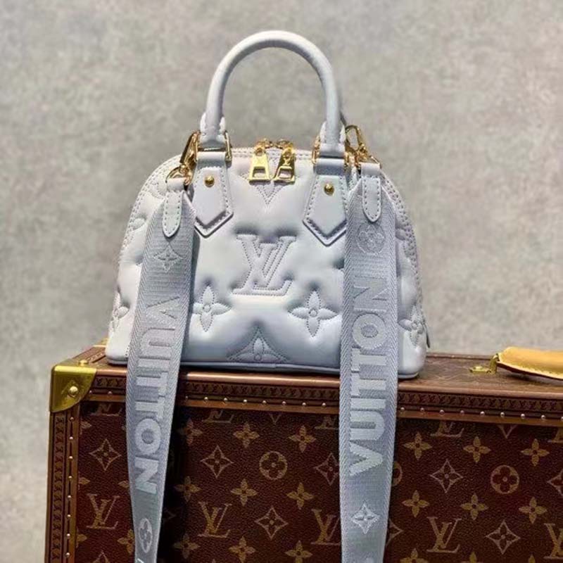 Louis Vuitton LV Women Alma BB Handbag Blue Quilted Embroidered Smooth Calf