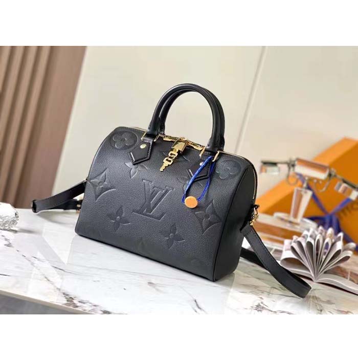 Louis Vuitton Women Speedy Bandoulière 25 Handbag Black Embossed Supple Grained Cowhide Leather