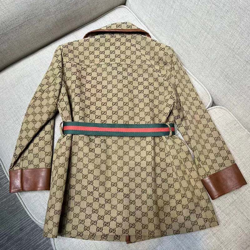 Gucci Women GG Canvas Jacket Web Belt Cotton Camel Ebony Point Collar