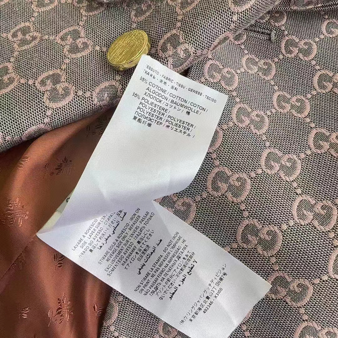 Gucci Women GG Cotton Canvas Jacket Grey Pink Lined Point Revers Double Breasted Fitted Waist