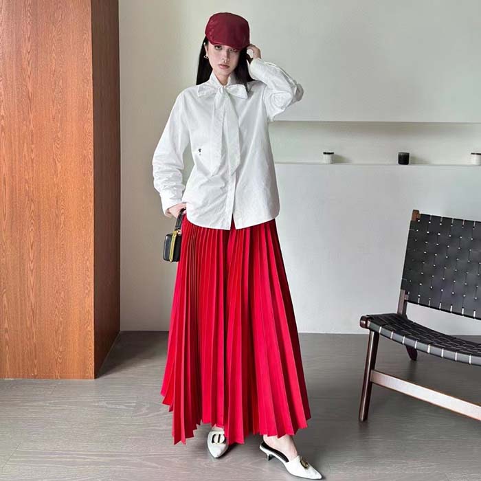 Dior Women CD Mid-Length Pleated Skirt Amaryllis Red Silk Taffeta