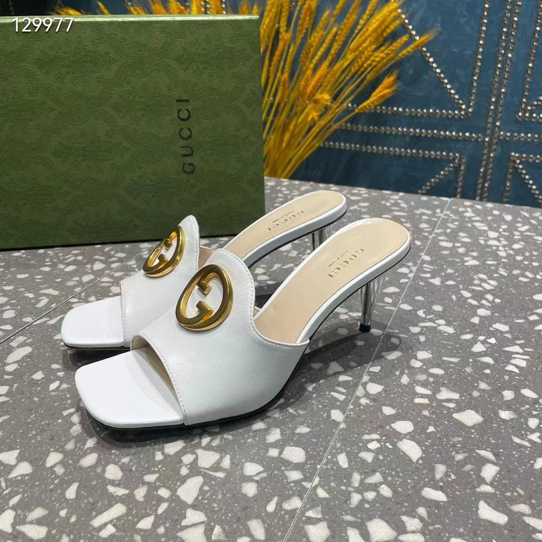 Gucci Women GG Blondie Slide Sandal White Leather Metallic Mid Heel 6.6 Cm Heel