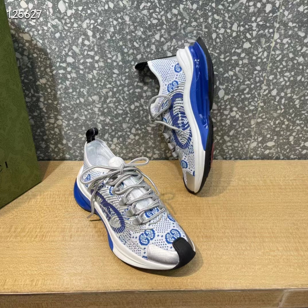 Gucci Unisex Run Sneaker White Blue GG Technical Knit Fabric Interlocking G Rubber