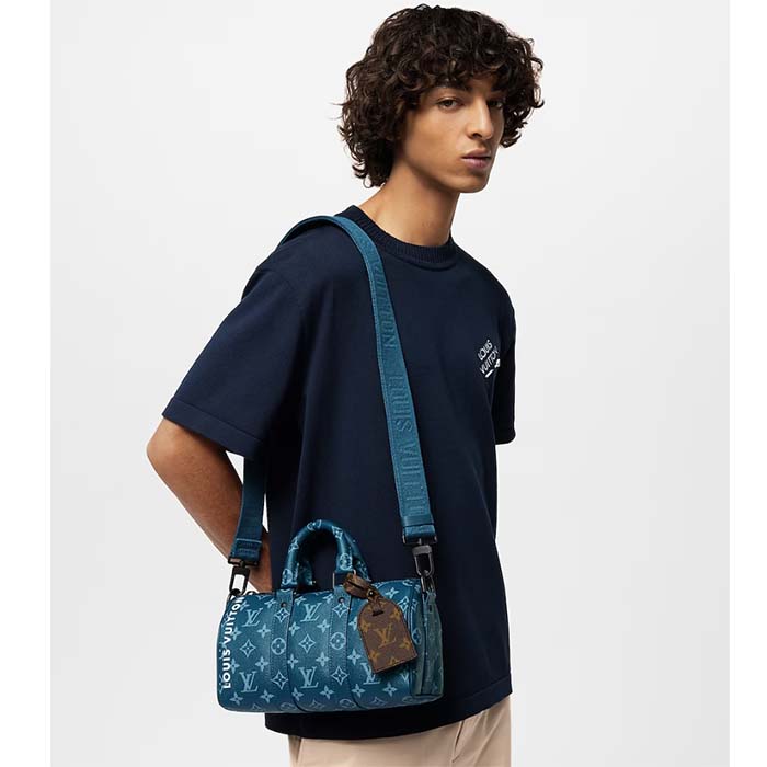 Louis Vuitton LV Unisex Keepall Bandoulière 25 Atlantic Blue Monogram Coated Canvas Cowhide Leather