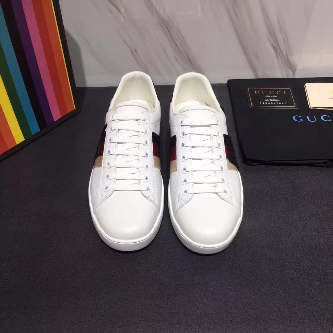 Gucci Men Ace Embroidered Sneaker Shoes in Leather with Sylvie Web-White