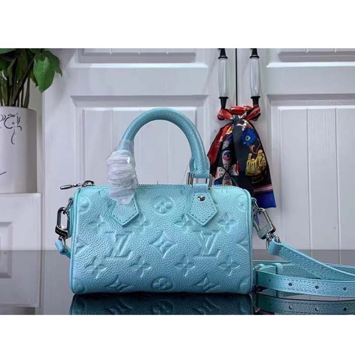 Louis Vuitton LV Women Nano Speedy Blue Monogram Empreinte Embossed Supple Grained Cowhide