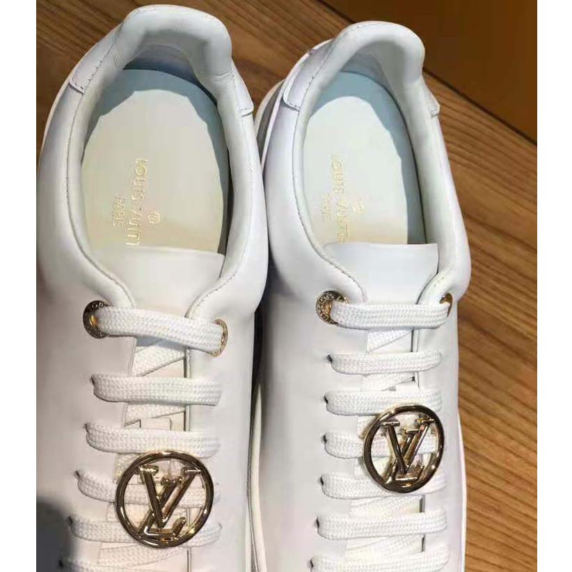 Louis Vuitton LV Women Frontrow Sneaker Gold-Tone LV Circle in White Calf Leather and Rubber