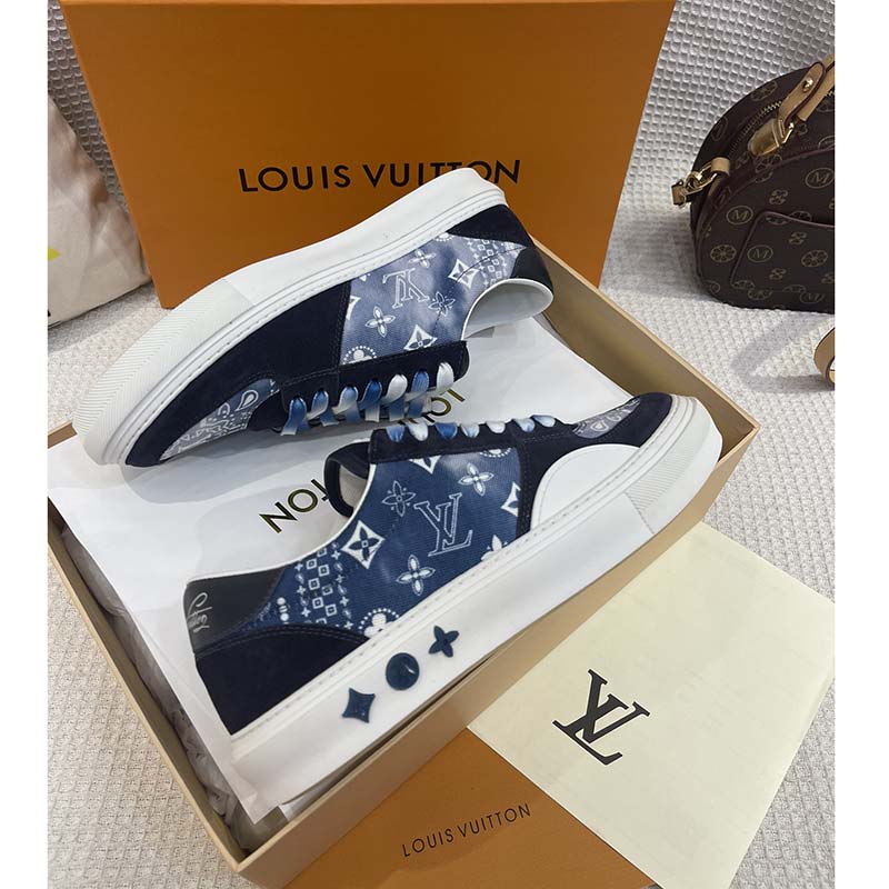 Louis Vuitton Unisex LV Ollie Sneaker Blue Canvas Rubber Outsole Monogram Flowers