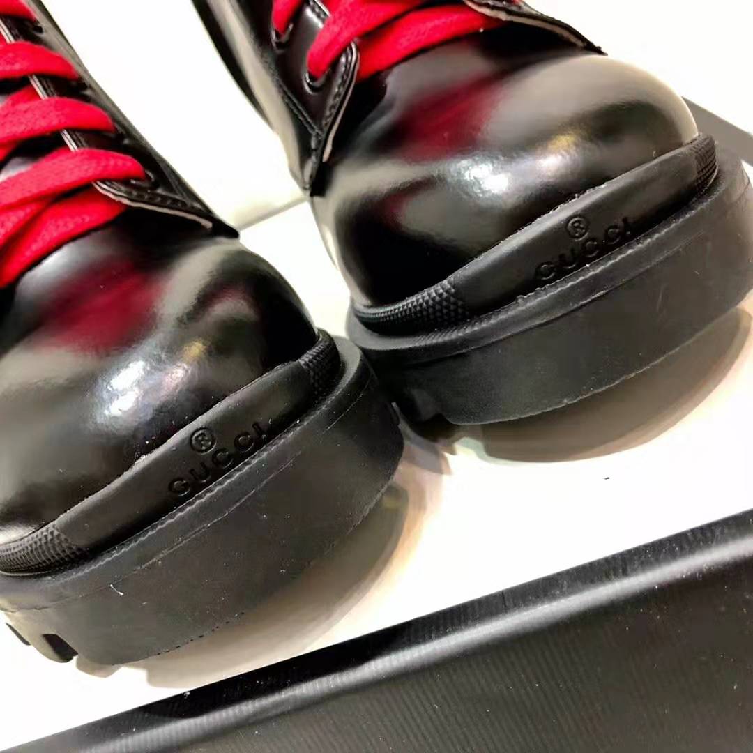 Gucci Women Gucci Leather Ankle Boot with Web in Black Shiny Leather 4.8 cm Heel