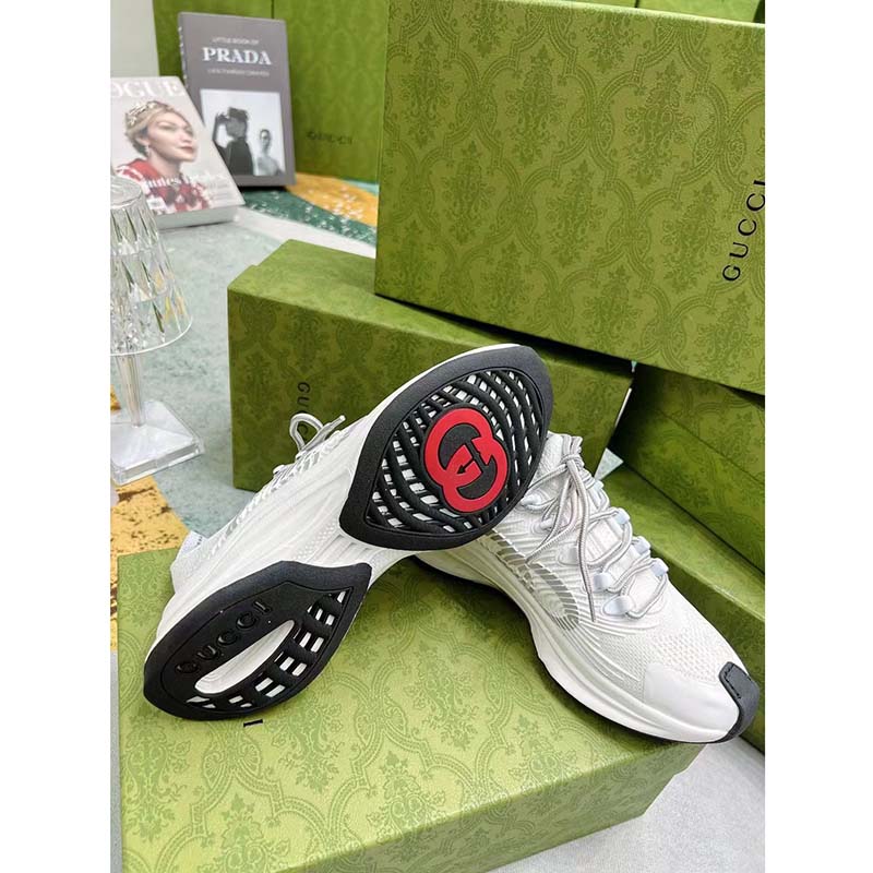 Gucci Unisex GG Run Sneaker White Technical Knit Fabric Rubber Interlocking G