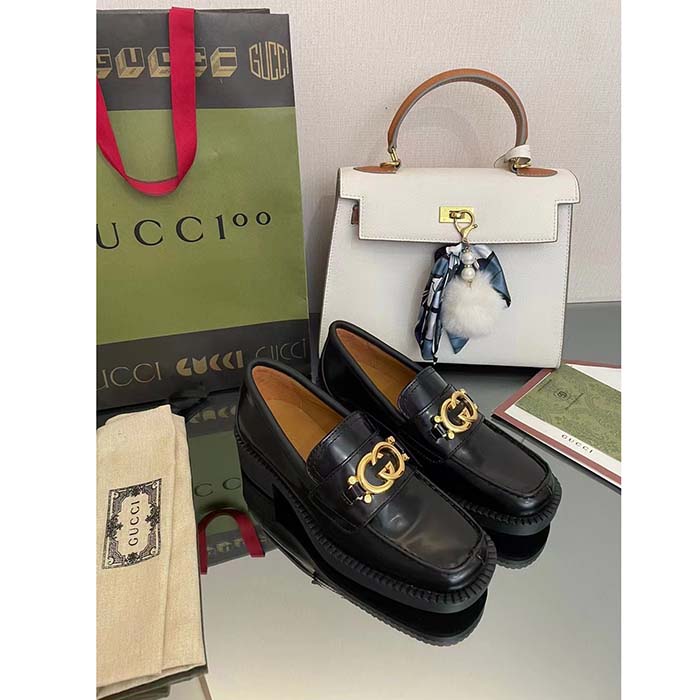 Gucci Unisex GG Loafer Interlocking G Shiny Black Leather Studs Rubber Low Heel