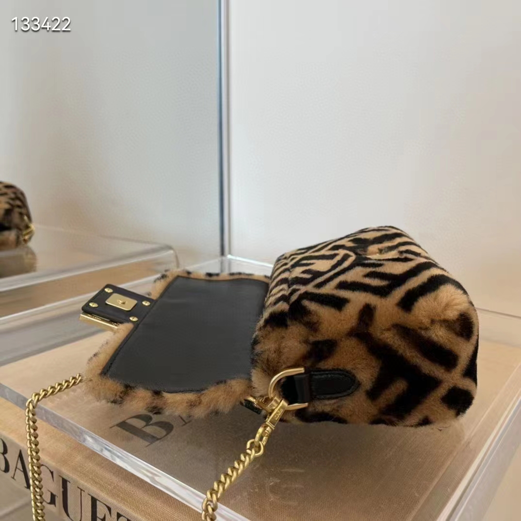 Fendi Women Mini Baguette Brown Sheepskin Sheep Fur Calfskin Bag