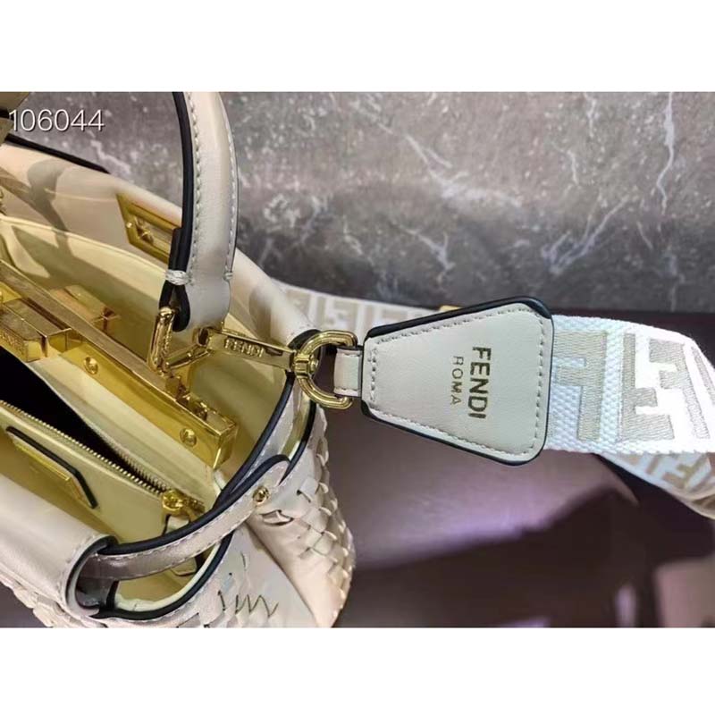 Fendi FF Women Peekaboo Mini Bag Beige Braided Calfskin Leather Bag