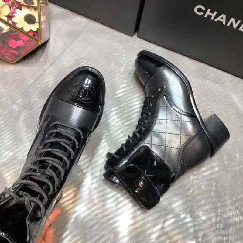 Chanel Women Patent Calfskin & Crumpled Calfskin Ankle Boots-Black