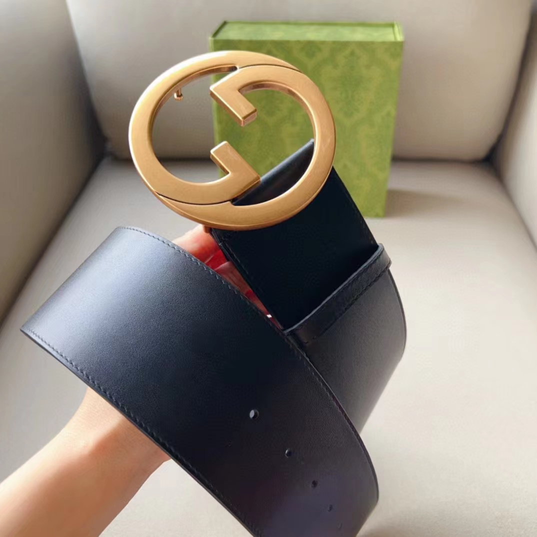 Gucci Unisex GG Blondie Wide Belt Black Leather Round Interlocking G 5 CM Width