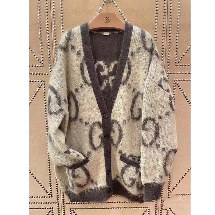 Gucci Men Reversible GG Mohair Cardigan Wool V-Neck Front Pockets