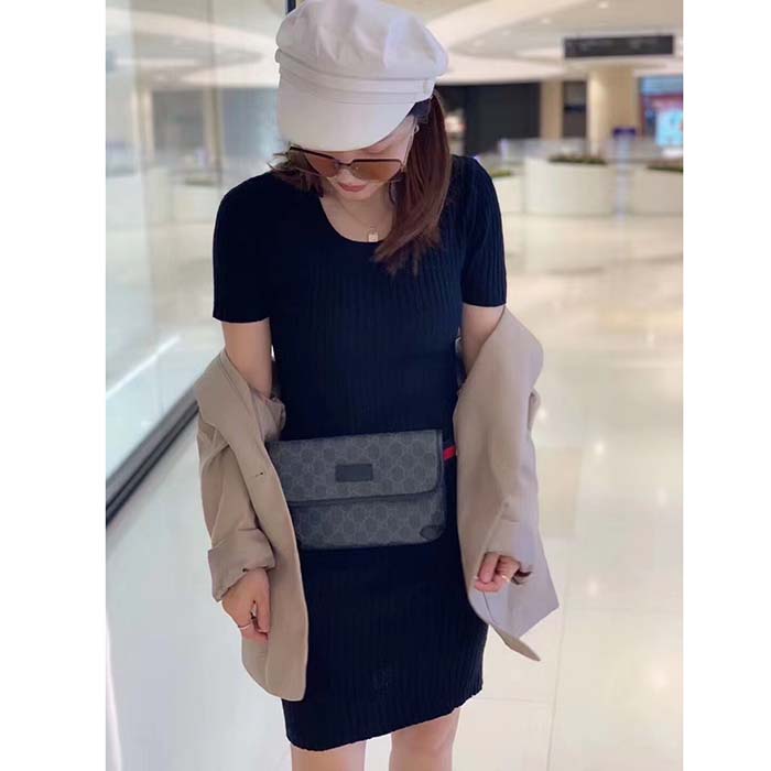 Gucci Unisex GG Black Belt Bag Black Grey GG Supreme Canvas Leather Trim