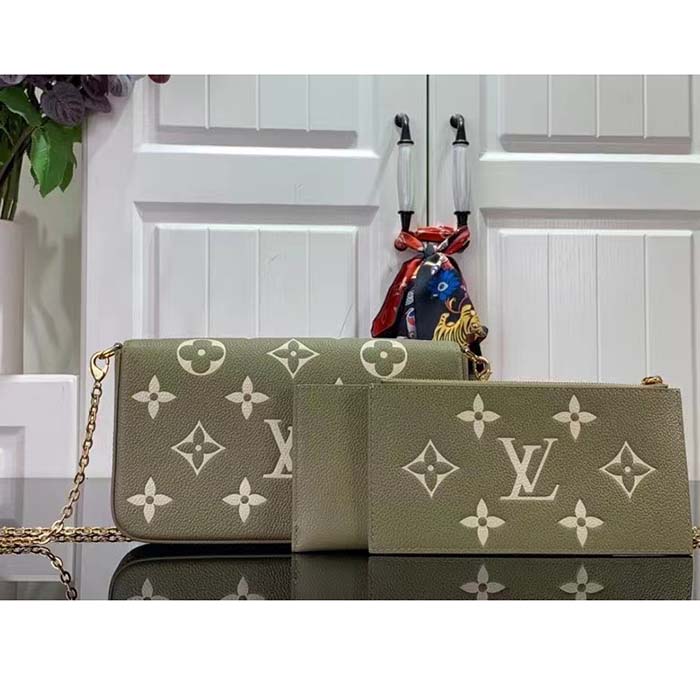 Louis Vuitton LV Women Félicie Pochette Light Khaki Cream Monogram Empreinte Embossed Grained Cowhide Leather