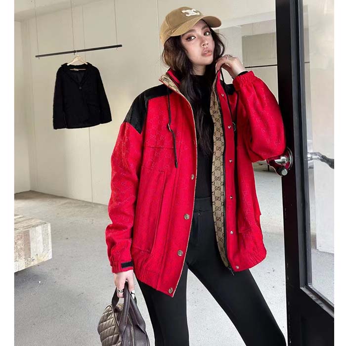 Gucci Women GG Canvas Bomber Jacket High Neck Drawstring Detachable Hood Gilet Dropped Shoulder