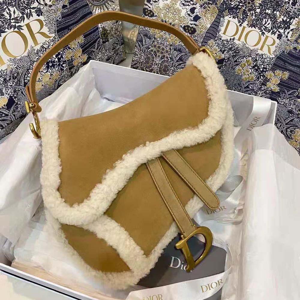Dior Women Saddle Bag Camel-Colored Shearling