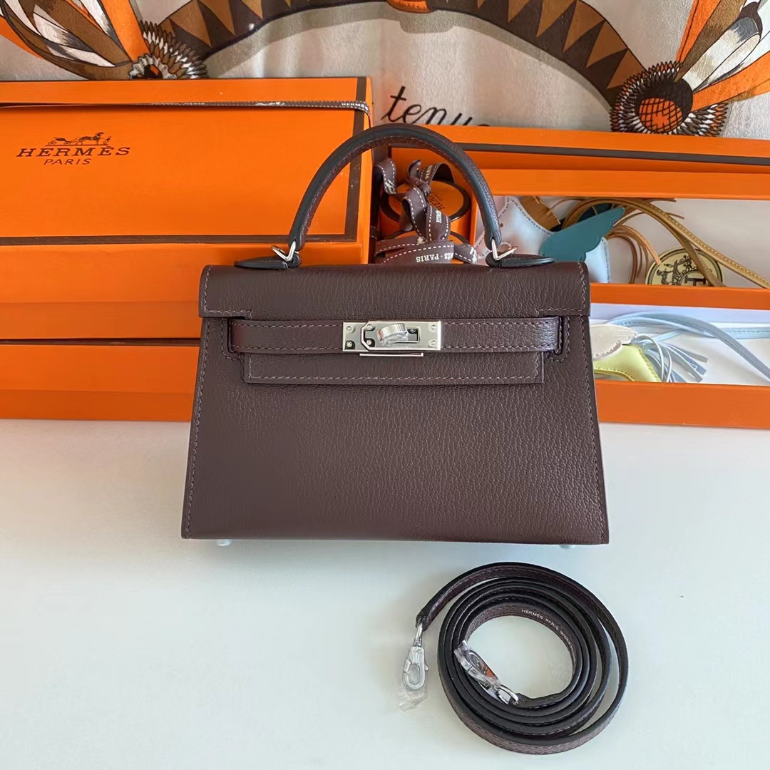 Hermes Women Mini Kelly 20 Bag Suede Leather Silver Hardware-Chocolate