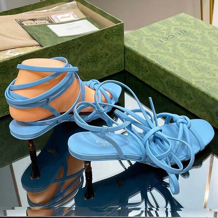 Gucci Women GG Strappy Sandal Bamboo Pastel Blue Leather Bamboo Low Heel