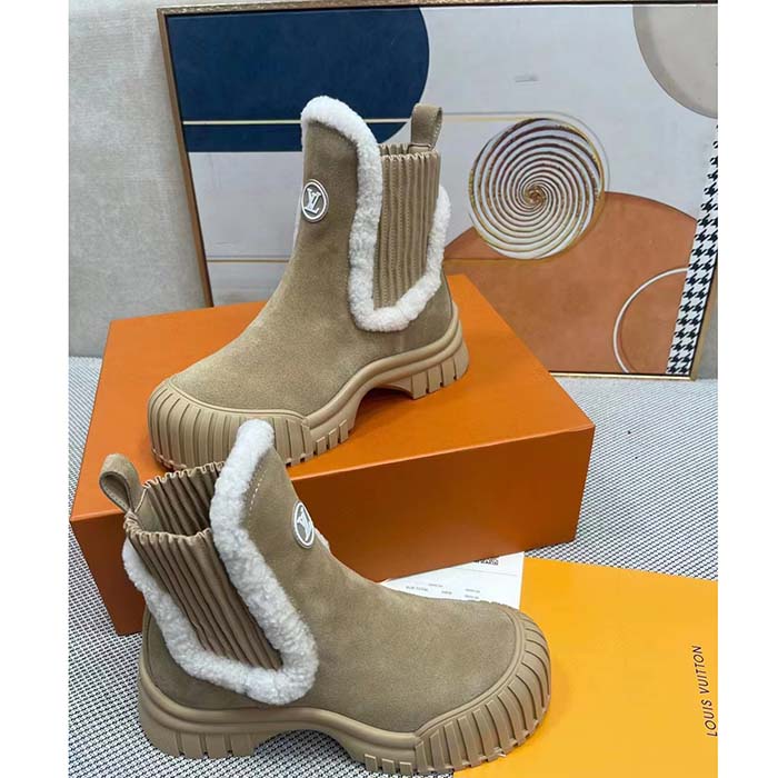 Louis Vuitton Women Shoes LV Ruby Flat Ankle Boot Beige Suede Calf Leather Shearling